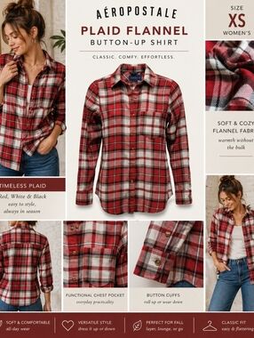 Sz XS Aeropostale Plaid Flannel Button-up Shirt Red White Black